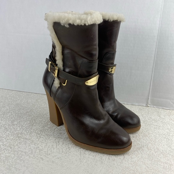 Michael Kors Women 7 Ankle Boots Stress Brown Leather Shearling Detail - Picture 2 of 12